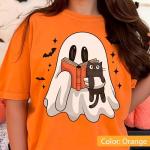 Cute Ghost Cat Book Lover T-Shirt