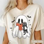 Cute Ghost Cat Book Lover T-Shirt