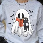 Cute Ghost Cat Book Lover T-Shirt