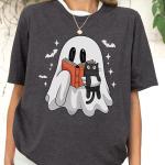 Cute Ghost Cat Book Lover T-Shirt
