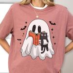 Cute Ghost Cat Book Lover T-Shirt