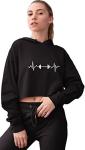 Black Women's Barbell Heartbeat Gym Cropped Hoodie