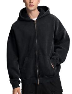Oversized Acid Wash Zip Up Hoodie for Men