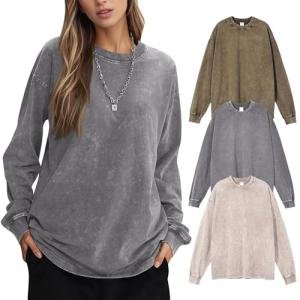 YKR Women’s Oversized Acid Wash Long Sleeve T-Shirts
