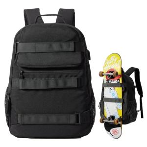 Large Skateboard Backpack with USB Port (Black)