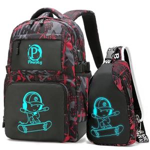 Pawsky Skateboard Anime Luminous Backpack School Backpack with USB Charging Port for Teen Boys, College School Bookbag Lightweight Laptop Bag with Sling Bag Set, Red