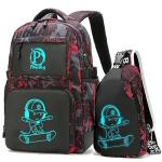 Pawsky Skateboard Anime Luminous Backpack School Backpack with USB Charging Port for Teen Boys, College School Bookbag Lightweight Laptop Bag with Sling Bag Set, Red