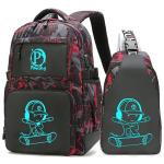 Pawsky Skateboard Anime Luminous Backpack School Backpack with USB Charging Port for Teen Boys, College School Bookbag Lightweight Laptop Bag with Sling Bag Set, Red