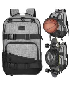 WOLT Skateboard Backpack, 15.6 Inch Laptop Backpack for Men Women, Sports Backpack with Ball Holder for Longboard Basketball Soccer, Grey