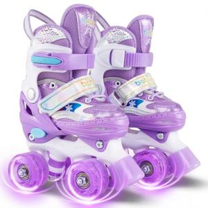 BABY JOY Kids Roller Skates for Girls Boys, 4 Sizes Adjustable Quad Skates w/Light-up Wheels for Children Toddler Ages 3-9, Fun Illuminating Birthday Gifts for Outdoor Sports (Purple, Small)