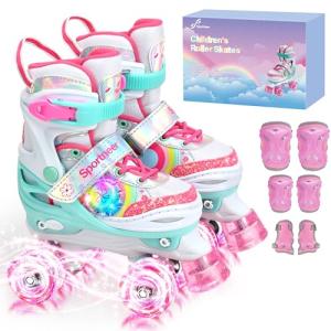 Sportneer Kids Roller Skates with Protective Gear Set, 4 Size Adjustable Girls Roller Skates with 8 Flash LED Wheels, Safe & Fun Skates for Toddlers Ages 3-12 Indoor Outdoor Use