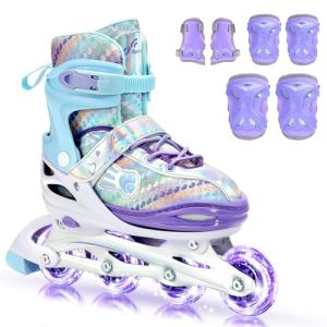 Sportneer Inline Roller Skates, Roller Boots Adjustable Size 2-7.5 with Illuminating Wheels Roller Blades Protective Gear Set for Gilrs Women
