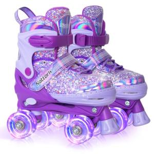 Nattork Kids Roller Skates for Girls Kids, 4 Sizes Adjustable Girls Roller Skates for Ages 3-12 with Light up Wheels & Safety Protection - Cool Birthday Gift for Indoor Outdoor Sports