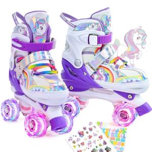 Comforhous Rainbow Kids Roller Skates for Girls Boys 4 Size Adjustable Roller Shoes for Girls with Luminous Wheels Light-up Kids Rollerskate Birthday Gift for Beginner Outdoor Indoor Sports