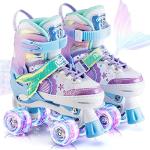 NEMONE Mermaid 4 Size Adjustable Light up Roller Skates for Girls, Blue Purple Skates for Toddlers, Beginner Kids Roller Skates Indoor Outdoor (Blue M)