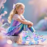 NEMONE Mermaid 4 Size Adjustable Light up Roller Skates for Girls, Blue Purple Skates for Toddlers, Beginner Kids Roller Skates Indoor Outdoor (Blue M)