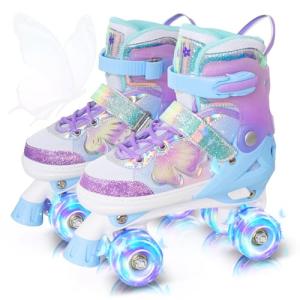 MammyGol Kids Roller Skates for Girls or Boys, 4 Size Adjustable Roller Skates for Little Kid with Beautiful Butterflies, Beginner Kids Light up Roller Quad Skates Indoor Outdoor (Purple)