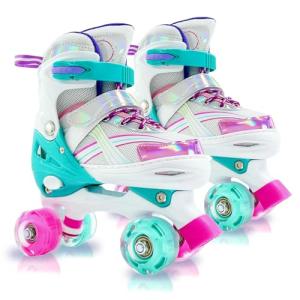 Adjustable Kids Roller Skates for Girls and Boys Ages 3-5 5-8 8-12, All 8 Wheels of Girl's Skates Shine, Safe and Fun Illuminating for Outdoor Indoor Sports (Blue & Purple, Small-Little Kid (10C-13C))