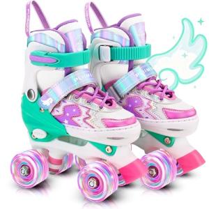 Pliimona Star Wing Roller Skates for Toddlers & Kids - 4 Size Adjustable Light Up Patines para Niñas, Battery-Free All Illuminating Wheels, Ideal Gift for Girls Ages 3-12