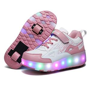 HHSTS Kids Shoes with Wheels LED Light Color Shoes Shiny Roller Skates Skate Shoes Simple Kids Gifts Boys Girls Best Gift for Party Birthday Christmas Day(6 Big Kid, White Pink)