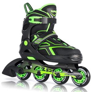 2PM SPORTS Torinx Boys Adjustable Inline Skates, Fun Beginner Roller Skates for Kids, Youth, Girls, Men and Women (Green, Medium - Big Kid (1-4 US))