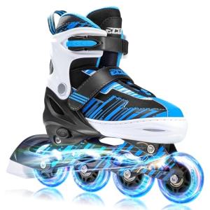 ECOO Adjustable Inline Skates Boys and Girls with Light up Wheels，Roller Skates for Kids Ages 4-12, Teen Skates for Beginner Outdoor and Indoor (Blue, Large-Youth（3-6 US）)