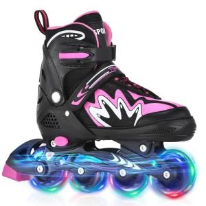 TOMSHOO Inline Skates for Kids Girls Adjustable Roller Skates with 4 Illuminating Pu Wheels Outdoors Indoors Roller Skates for Indoors & Outdoors (Pink, Large - Youth (3.5-6))