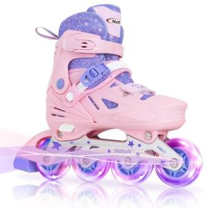 Nattork Inline Skates for Girls and Boys Kids, 4 Sizes Adjustable Inline Skates with Light up Wheels, Illuminating Beginner Roller Skates for Kids & Adult Youth Teal Age 10-12 Size 5 6 7 8