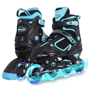 MammyGol Adjustable Inline Skates for Boys Girls Kids Youth with Light up Wheels, Teal Beginner Blades Roller Skates for Boys Size 1 2 3 4 Ages 6-12