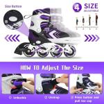 Adjustable Inline Skates for Girls, Girls Roller Skates with All Light up Wheels for Big Kids, Purple, Size 1 2 3 4