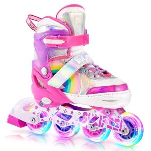 SULIFEEL Rainbow Unicorn Inline Skates for Girls Boys 4 Size Adjustable Light up Wheels Skates for Kids Beginner Pink Medium