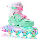 2PM SPORTS Girls Adjustable Illuminating Inline Skates with Light up Wheels, Fun Flashing Beginner Roller Skates for Kids - Green Medium