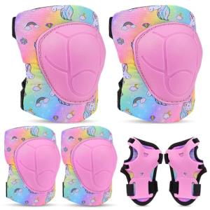FIODAY Knee Pads for Kids Protective Gear Set Adjustable Kids Knee Pads and Elbow Pads with Wrist Guard for Girls Roller Skates Cycling Bike Skateboard Scooter, 3-8 Years,Rainbow Pink