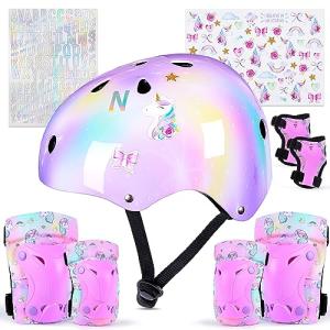 Kids Helmet, Toddler Bike Helmet with DIY Stickers Unicorn Knee Pads and Elbow Pads Set Adjustable Protective Gear Set for Girls Age 3-5-8 Years fit Roller Skates, Bicycle, Skateboarding, Scooter