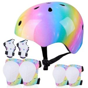 FIODAY Kids Helmet Knee Pads for Kids Unicorn Knee and Elbow Pads Wrist Guards Adjustable Protective Gear Set for Girls Boys Sports Skateboard Inline Skating Scooter, Rainbow, 3-8 Years