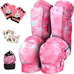 Soft-Style Kids Knee and Elbow Pads with Bike Gloves, Flexible Impact-Resistant Gear for Ages 2-11, Designed for Balance Bikes, Roller-Skating, and Skateboarding (Pink Snowflake, Large)