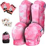 Soft-Style Kids Knee and Elbow Pads with Bike Gloves, Flexible Impact-Resistant Gear for Ages 2-11, Designed for Balance Bikes, Roller-Skating, and Skateboarding (Pink Snowflake, Large)