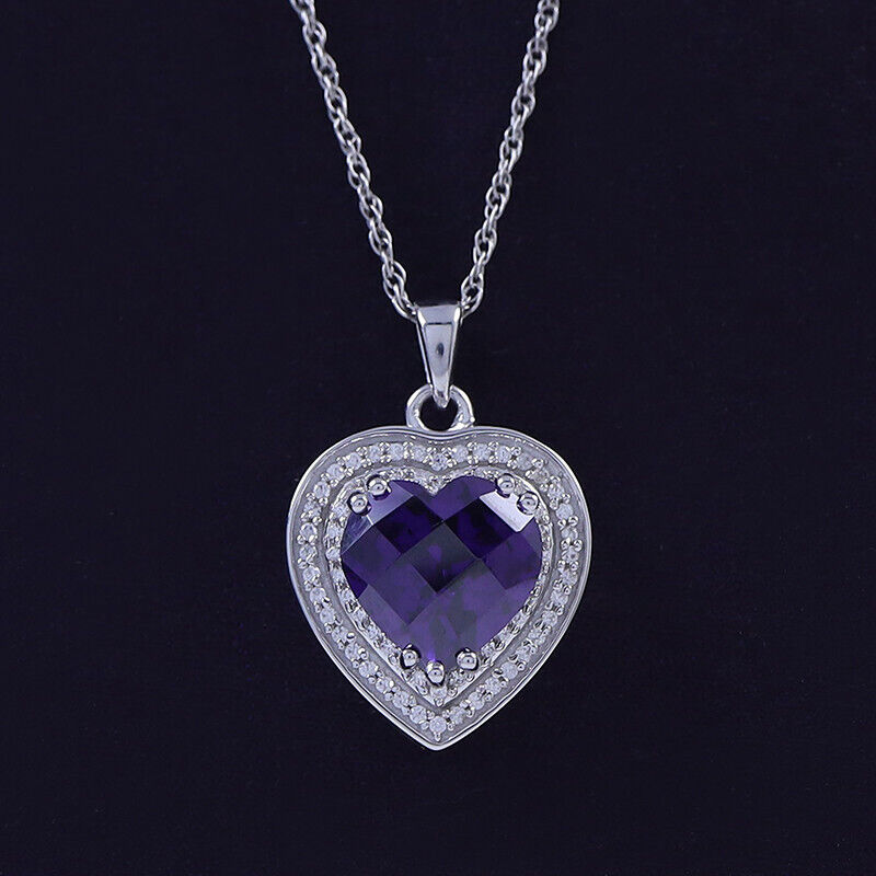 Amethyst & White Sapphire Heart Pendant Necklace Silver