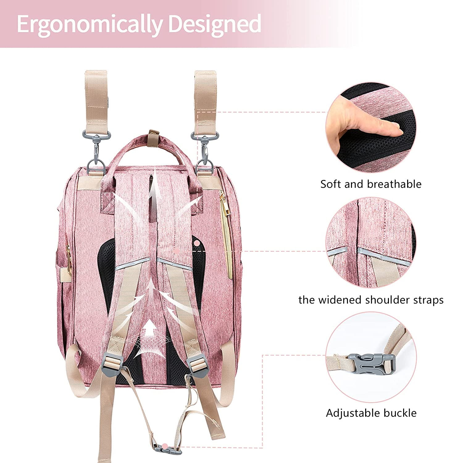 WiseWater Pink Diaper Bag Backpack with Changing Station