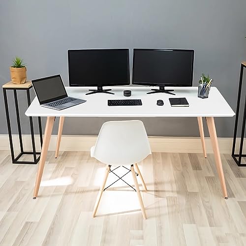 White Minimalist Rectangle Dining Table with Beech Legs