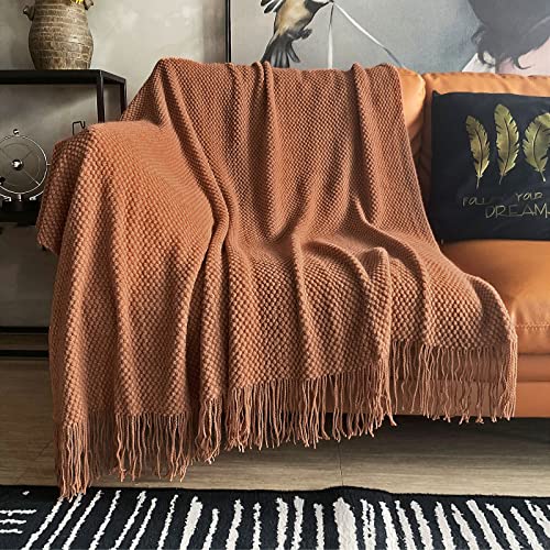 Caramel Knitted Throw Blanket with Tassels