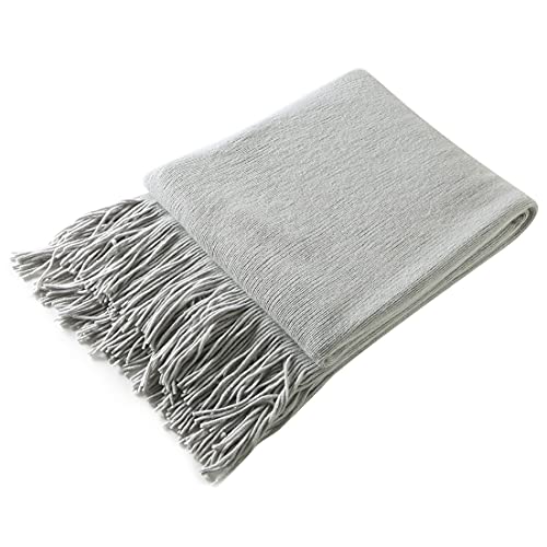 Cozy Light Grey Knitted Throw Blanket with Fringe