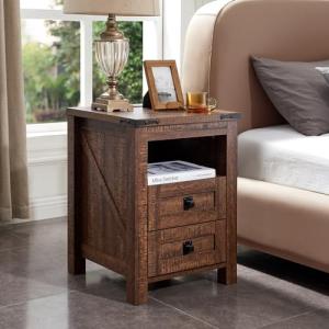 Rustic Wood Nightstand with Charging Station and Drawers