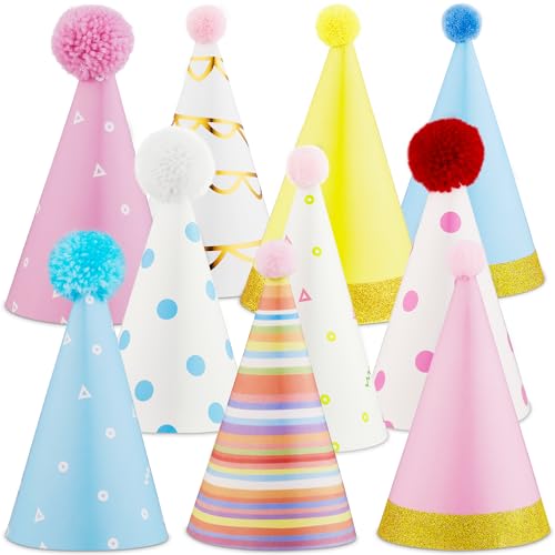 Colorful Cone Birthday Party Hats - 10 Pack