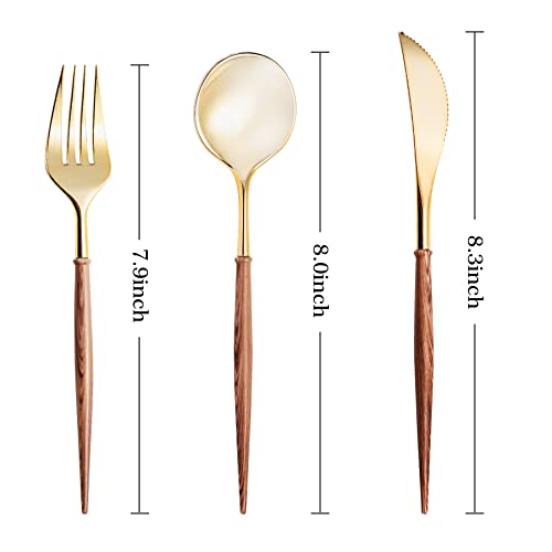 Gold Disposable Cutlery Set with Wood Grain Handle