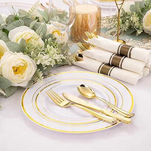350 Gold Plastic Dinner Plates and Silverware Set