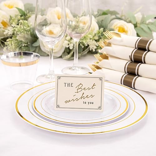 350 Gold Plastic Dinner Plates and Silverware Set