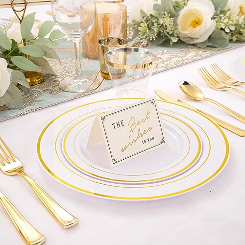 350 Gold Plastic Dinner Plates and Silverware Set