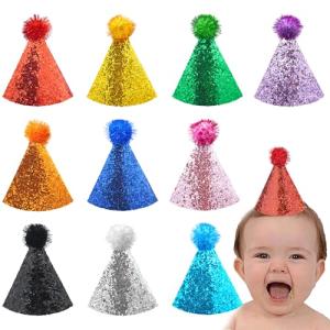 10 Pack Glitter Cone Party Hats with Pom Poms