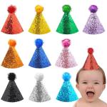 10 Pack Glitter Cone Party Hats with Pom Poms